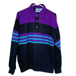 Vtg 1980s Spalding Sport Rugby Shirt Mens Sz L Purple Teal Stripe Grandpacore